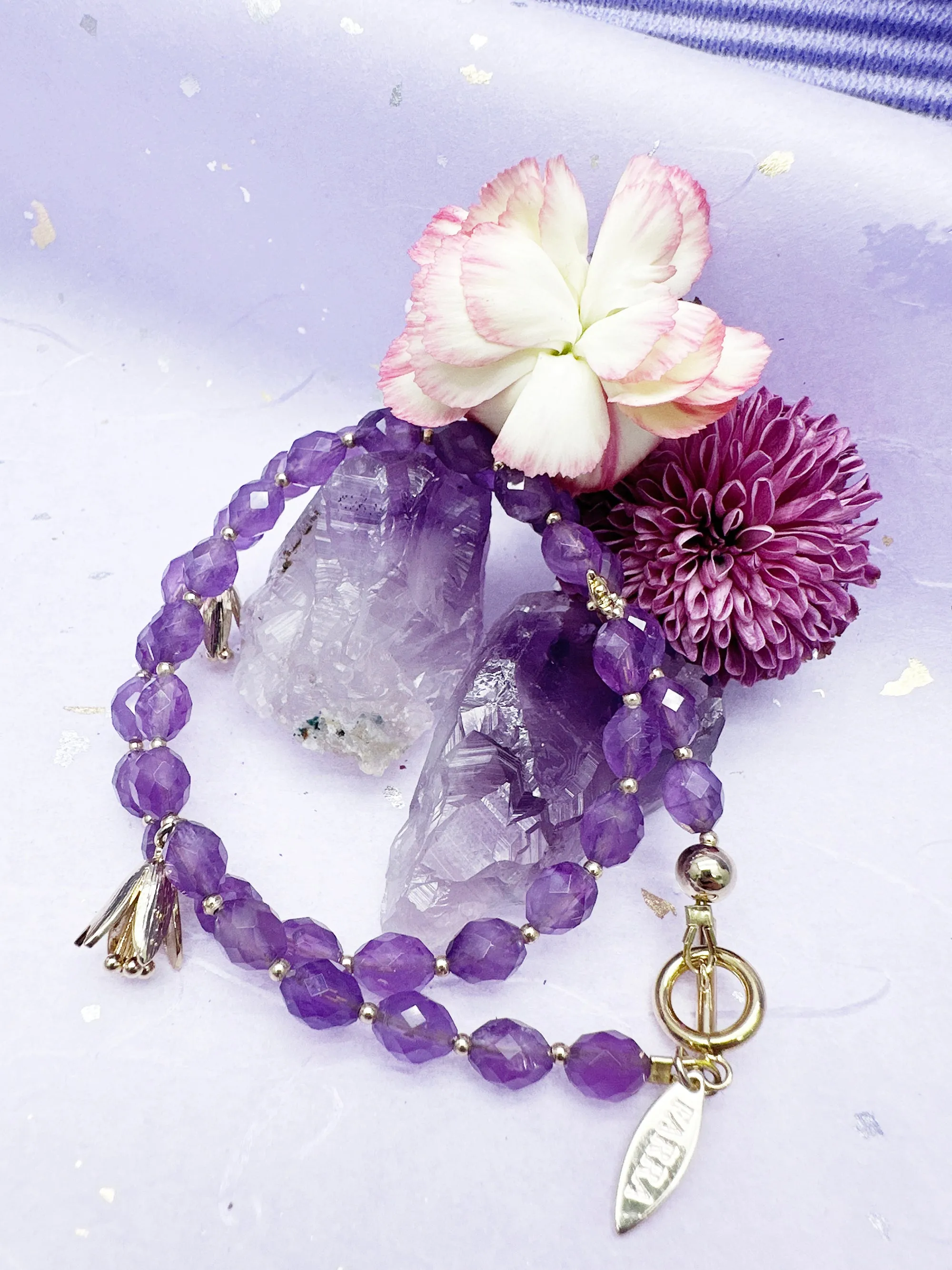 Amethyst with Flower Charms Double Layers Bracelet/ Choker LB005