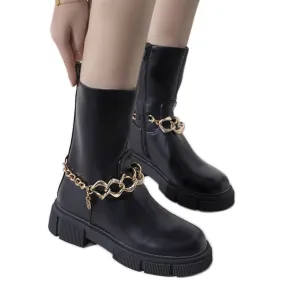 Black insulated boots with a gold Marsha chain