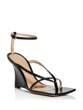 BOTTEGA VENETA Womens Black Ankle Strap Padded Square Toe Wedge Buckle Leather Thong Sandals Shoes