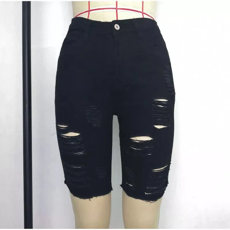 Casual Sexy Ripped Hole Tassel Zipper Fly Skinny Shorts for Women