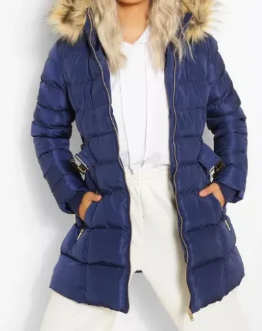 Faux Fur Trim Hooded Belted Puffer Blue Coat - Puffer Jackets