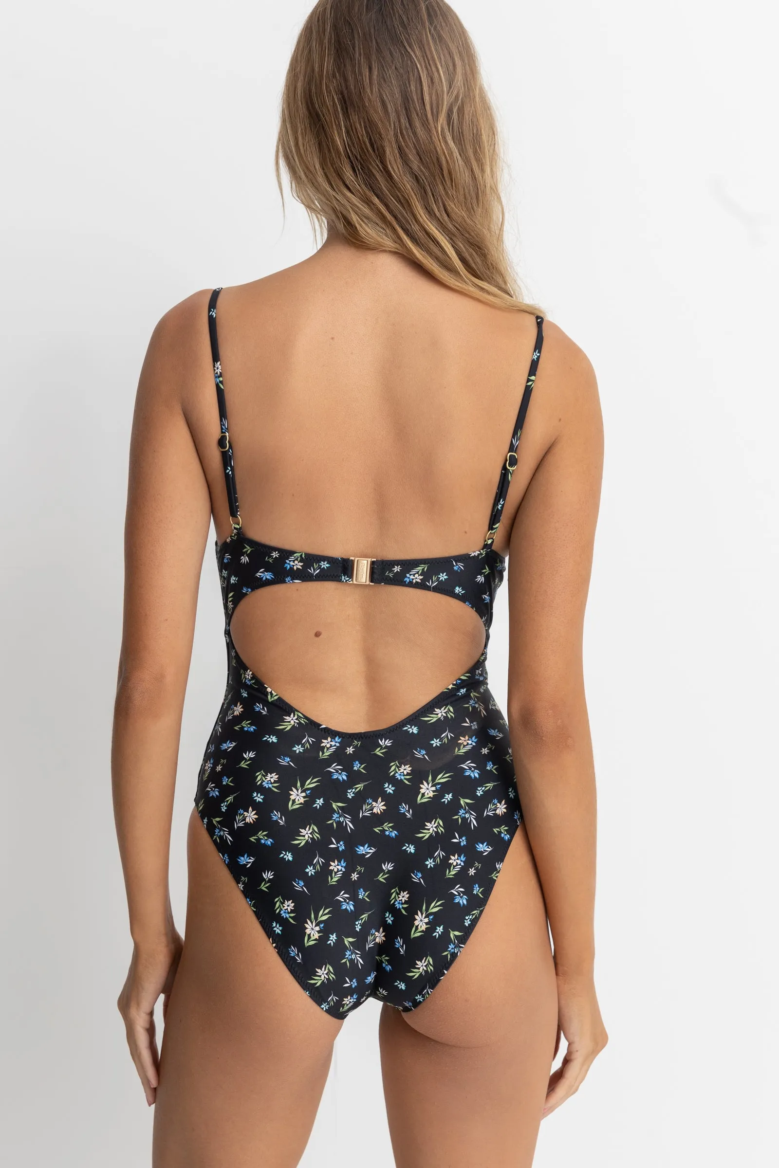 Fleur Floral Tie Front One Piece Black