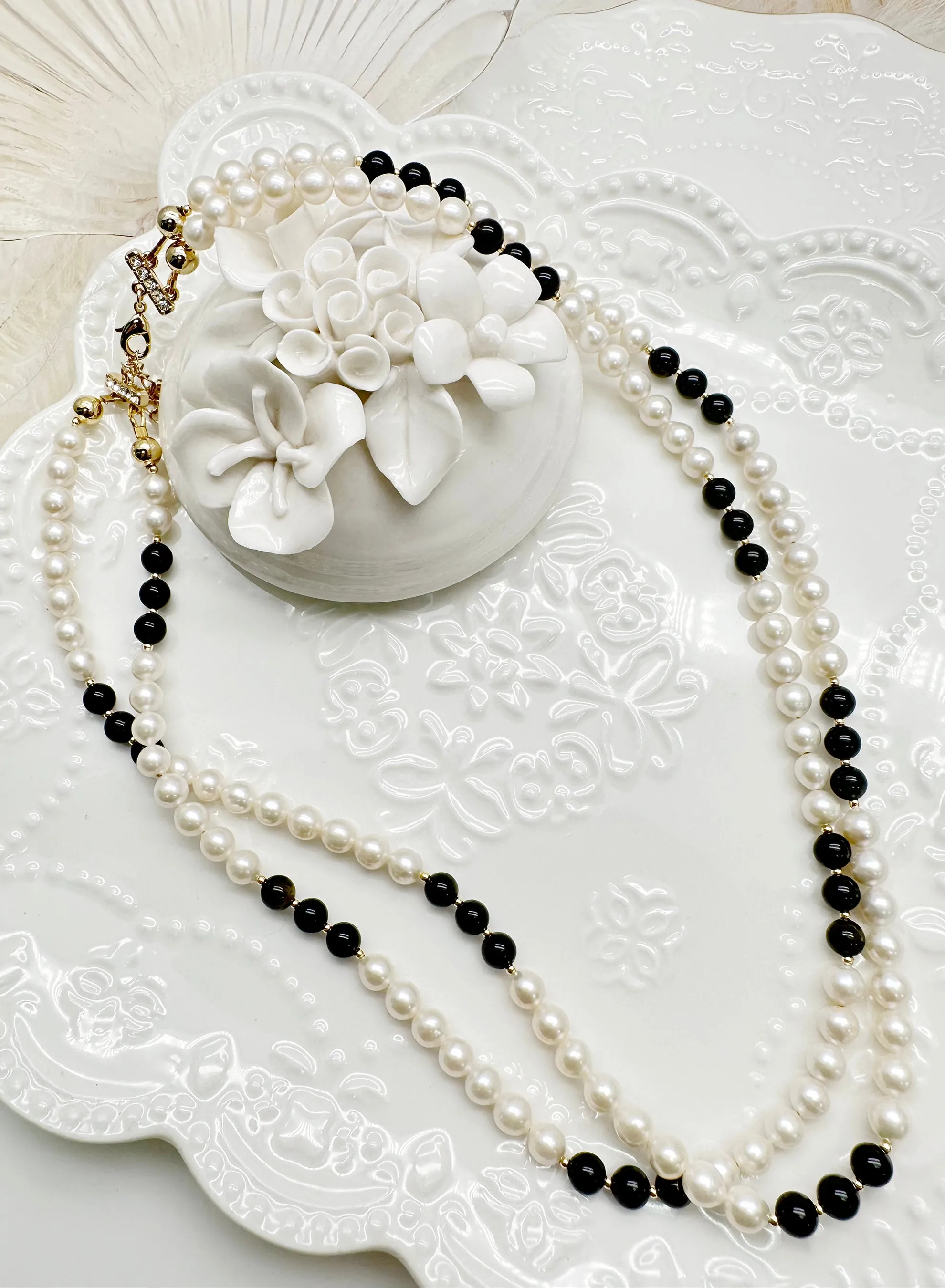 Freshwater Pearls with Black Obsidian Double Layers Necklace KN055