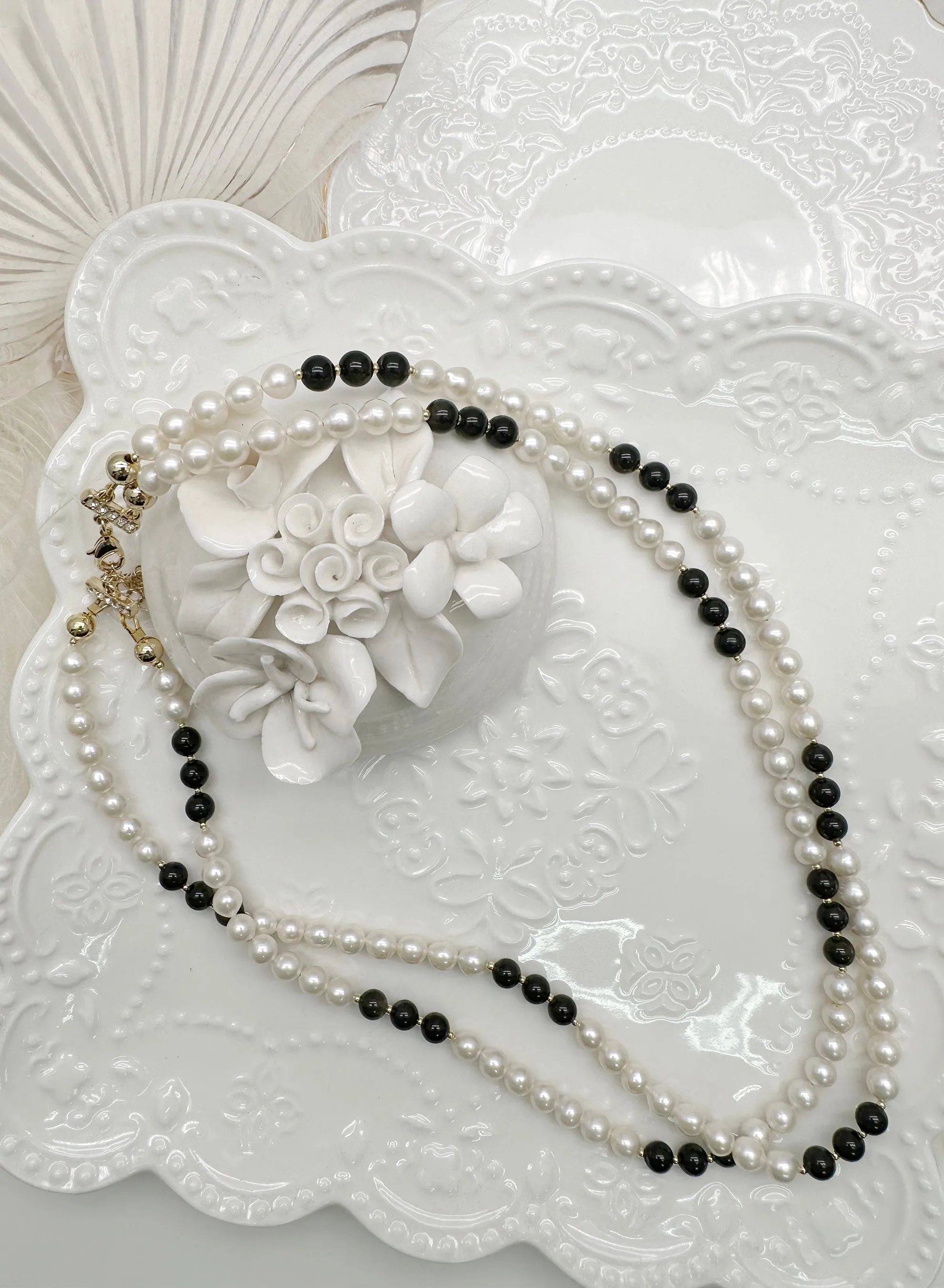 Freshwater Pearls with Black Obsidian Double Layers Necklace KN055