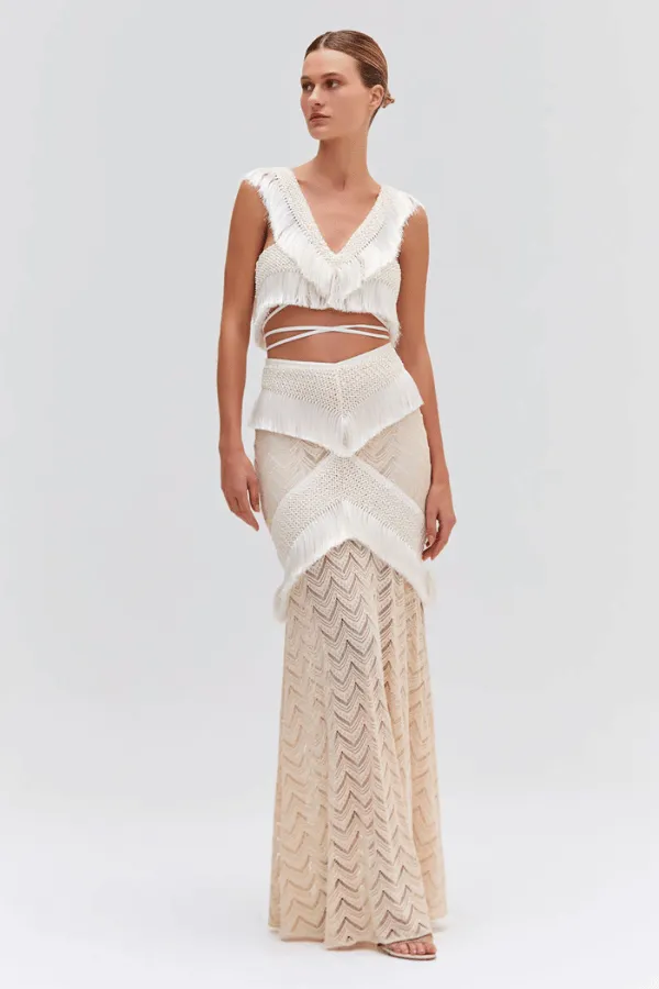 Fringe Trim Maxi Skirt Sandstone