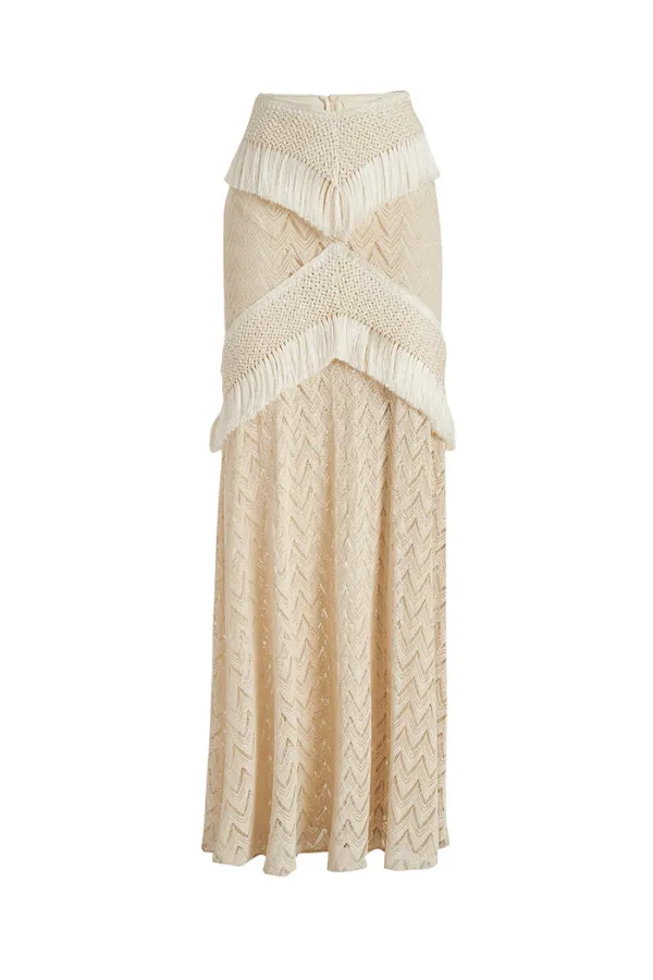 Fringe Trim Maxi Skirt Sandstone