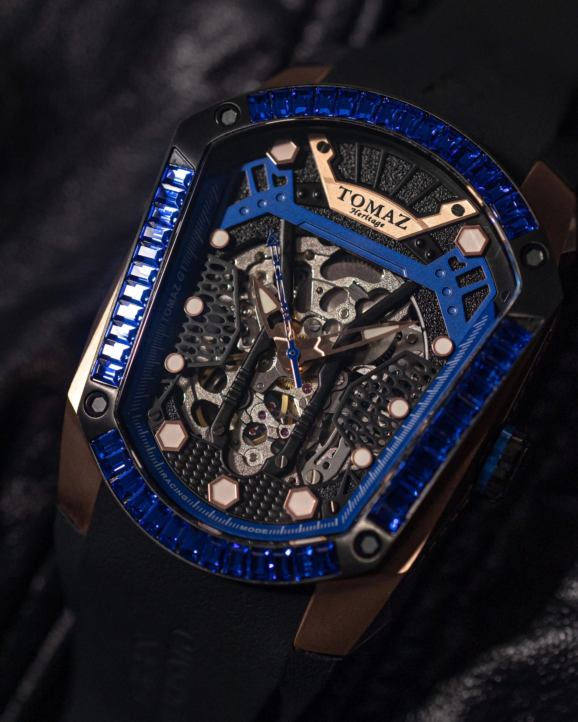 GT Skeleton TW028-D7 (Rosegold/Blue) with Blue Swarovski (Black Rubber Strap)