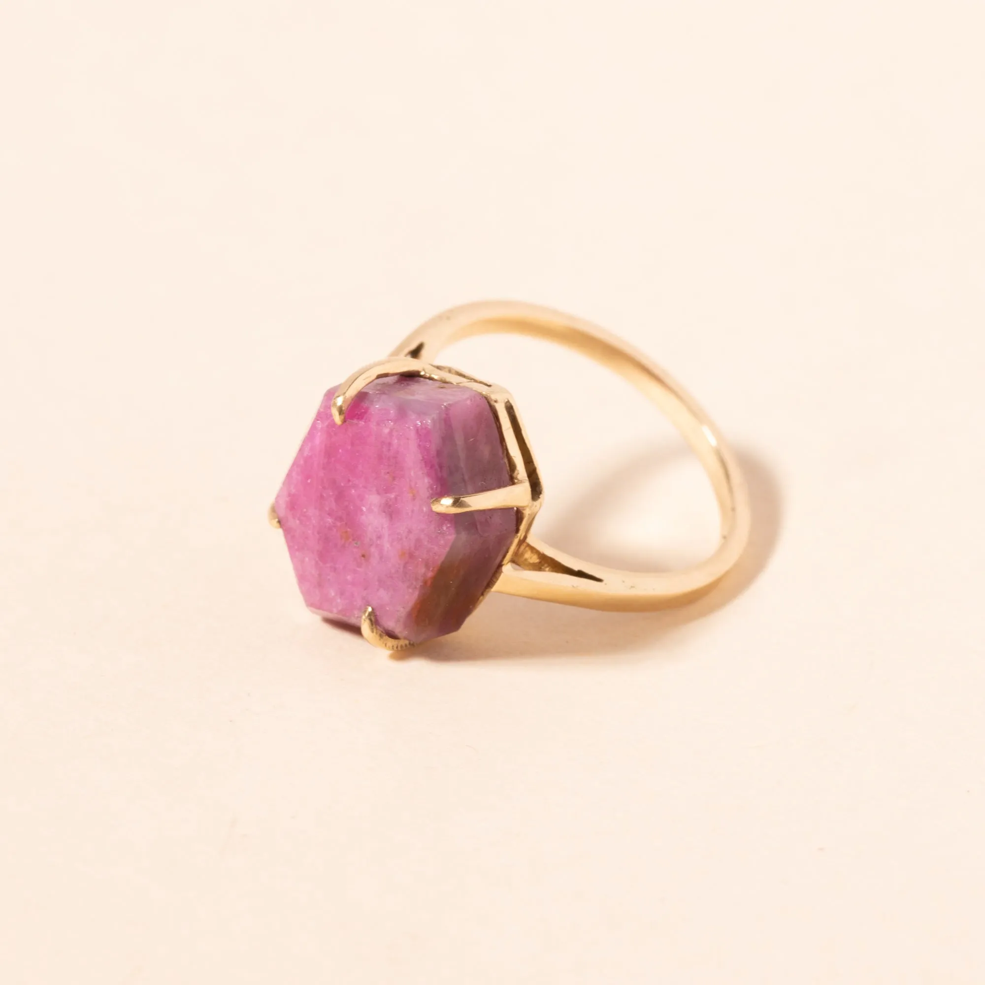 Hexagon Raw Ruby Slice Gold Ring