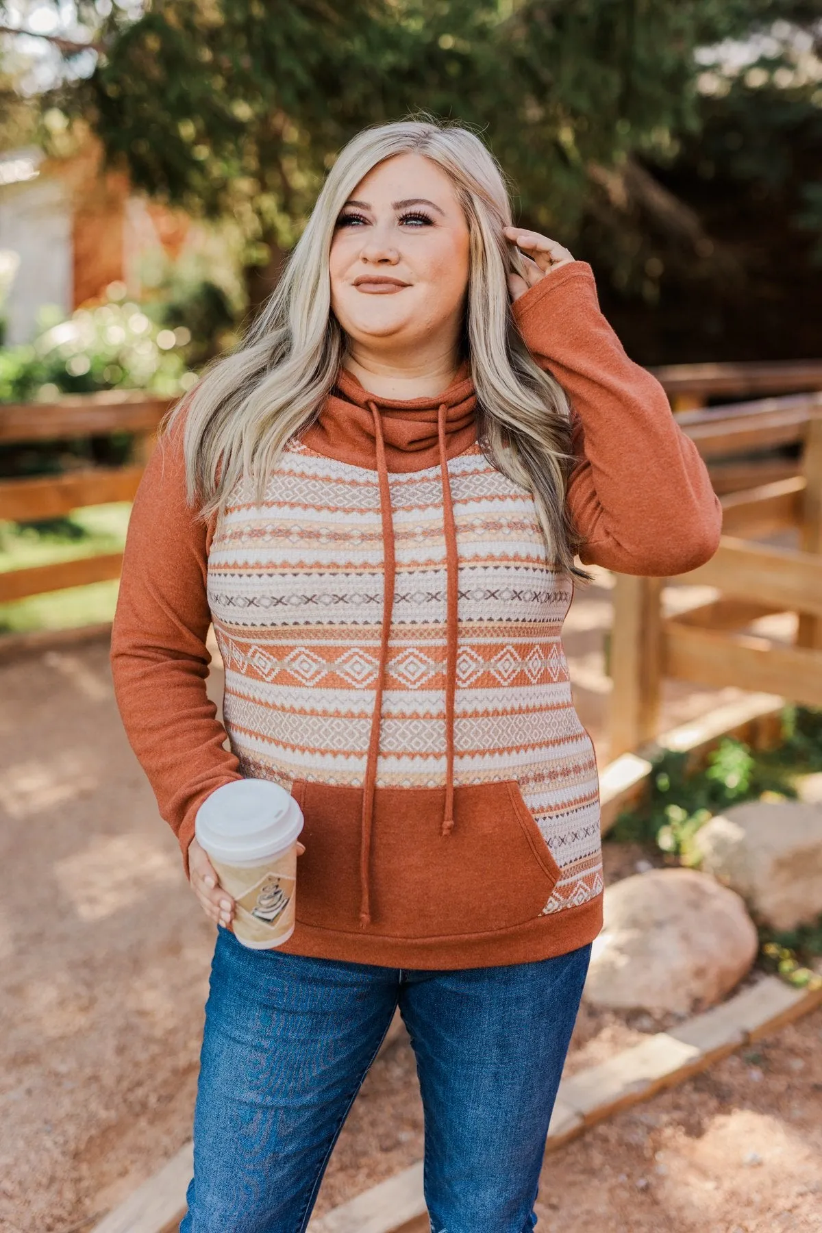 Lovely Wayfarer Aztec Cowl Neck Sweatshirt- Rust, Taupe & Ivory