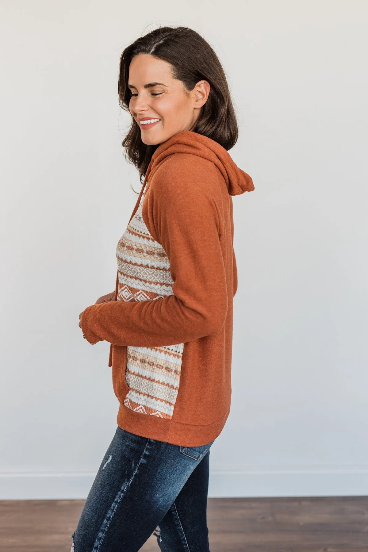 Lovely Wayfarer Aztec Cowl Neck Sweatshirt- Rust, Taupe & Ivory