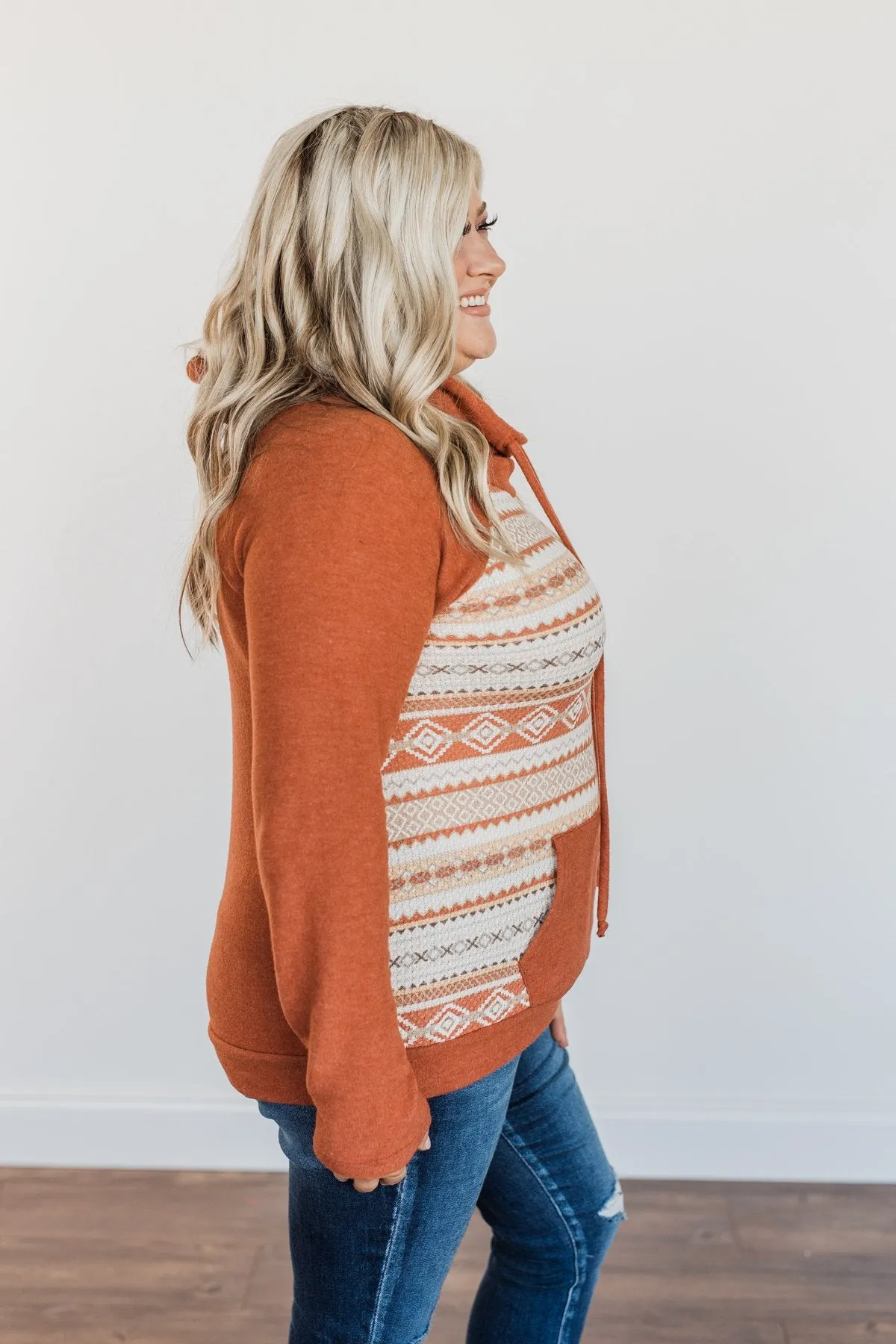 Lovely Wayfarer Aztec Cowl Neck Sweatshirt- Rust, Taupe & Ivory