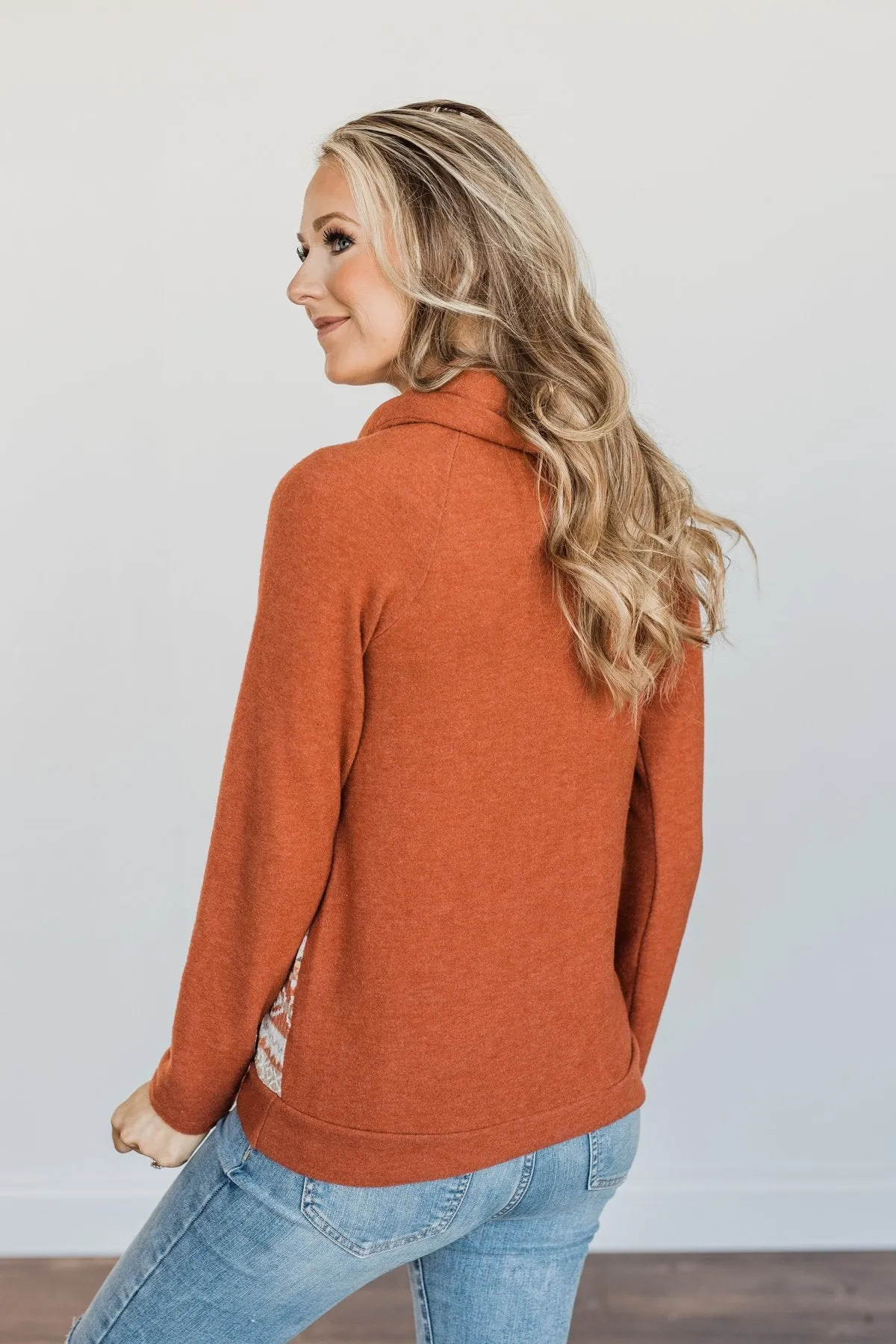 Lovely Wayfarer Aztec Cowl Neck Sweatshirt- Rust, Taupe & Ivory