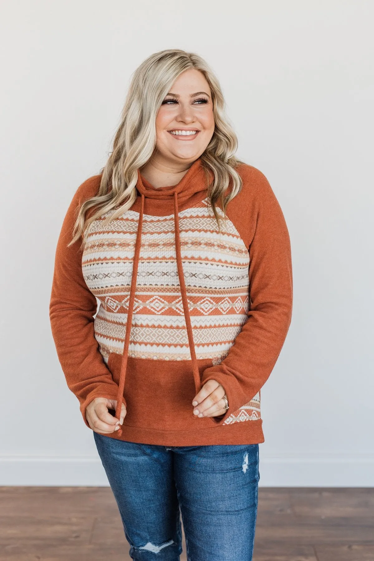 Lovely Wayfarer Aztec Cowl Neck Sweatshirt- Rust, Taupe & Ivory