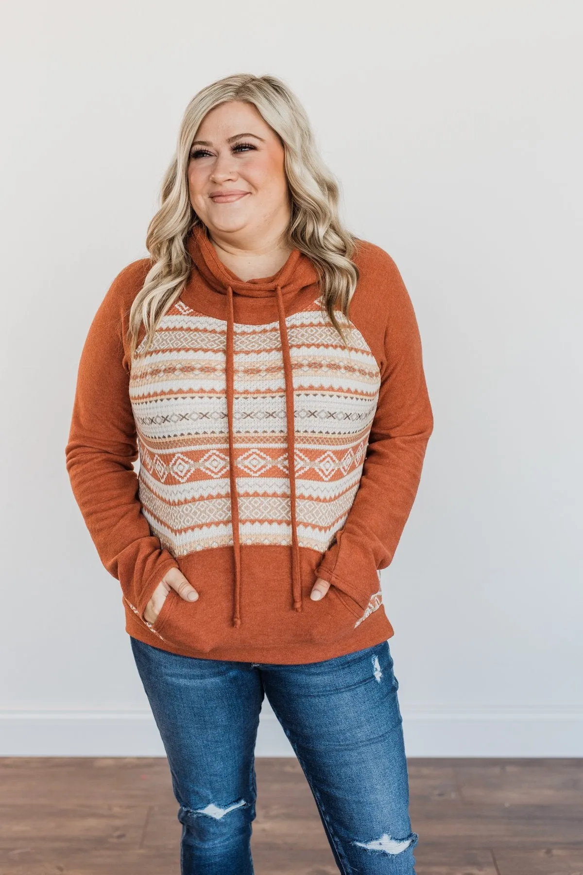 Lovely Wayfarer Aztec Cowl Neck Sweatshirt- Rust, Taupe & Ivory