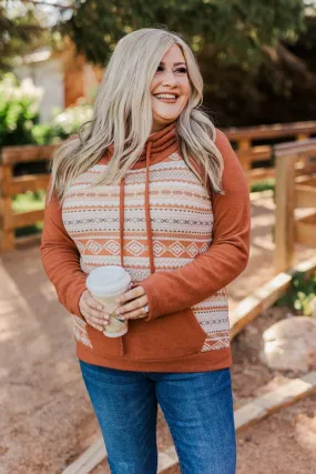 Lovely Wayfarer Aztec Cowl Neck Sweatshirt- Rust, Taupe & Ivory