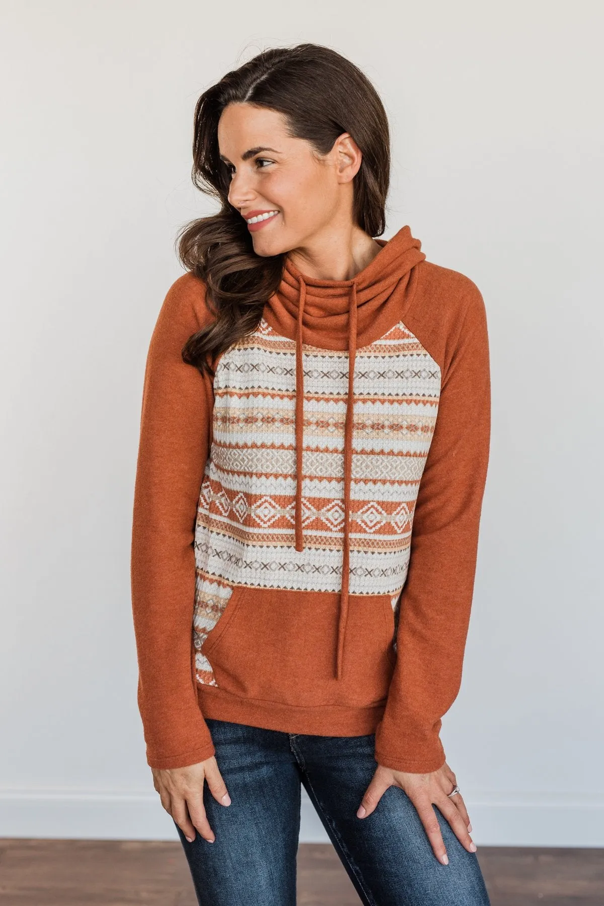 Lovely Wayfarer Aztec Cowl Neck Sweatshirt- Rust, Taupe & Ivory