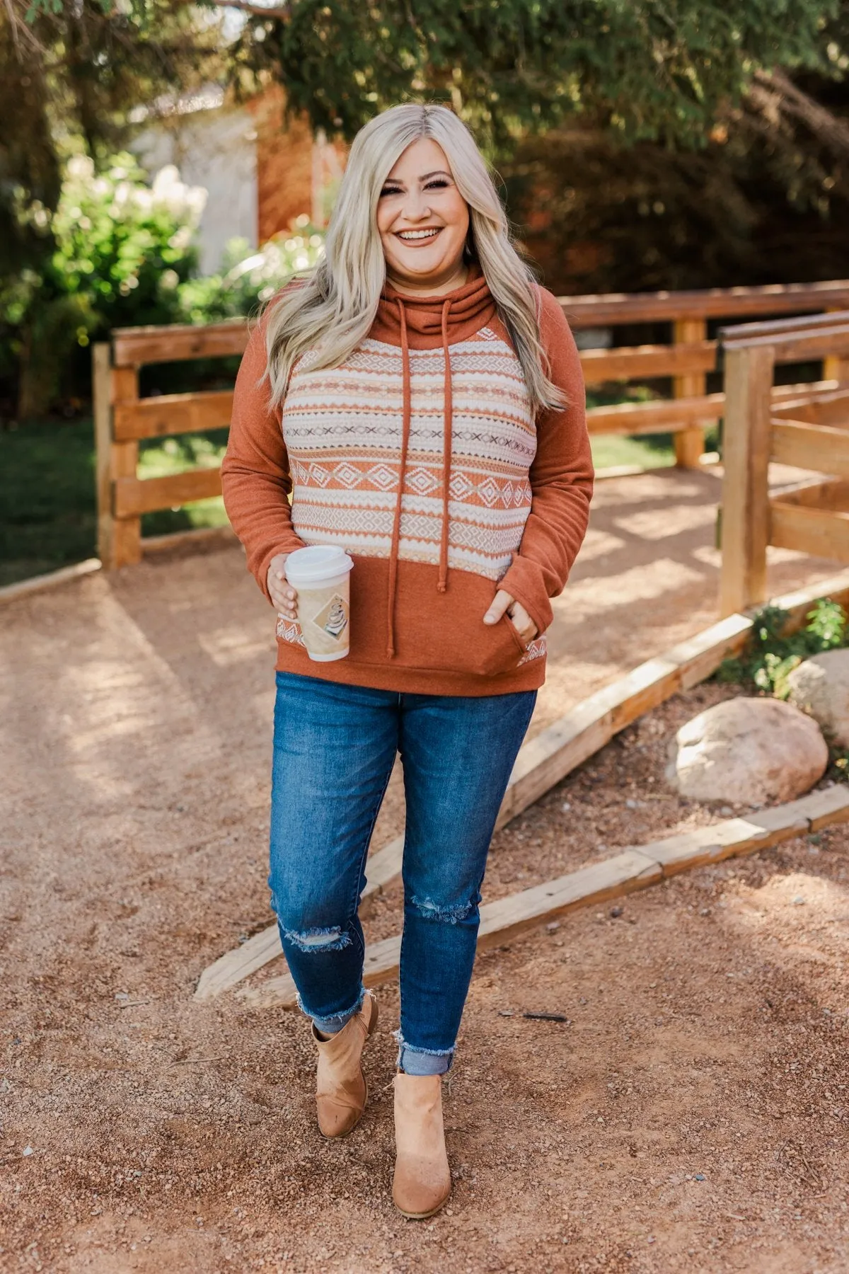 Lovely Wayfarer Aztec Cowl Neck Sweatshirt- Rust, Taupe & Ivory