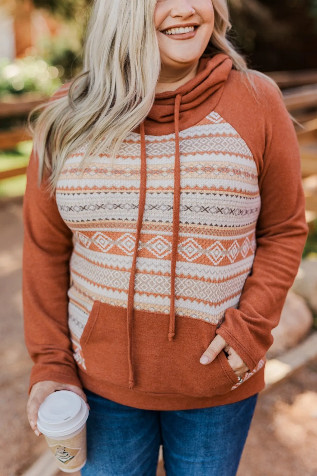 Lovely Wayfarer Aztec Cowl Neck Sweatshirt- Rust, Taupe & Ivory