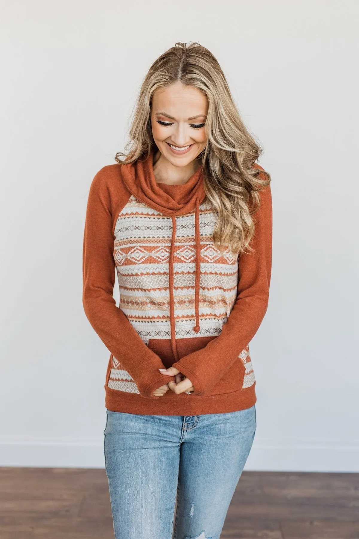 Lovely Wayfarer Aztec Cowl Neck Sweatshirt- Rust, Taupe & Ivory