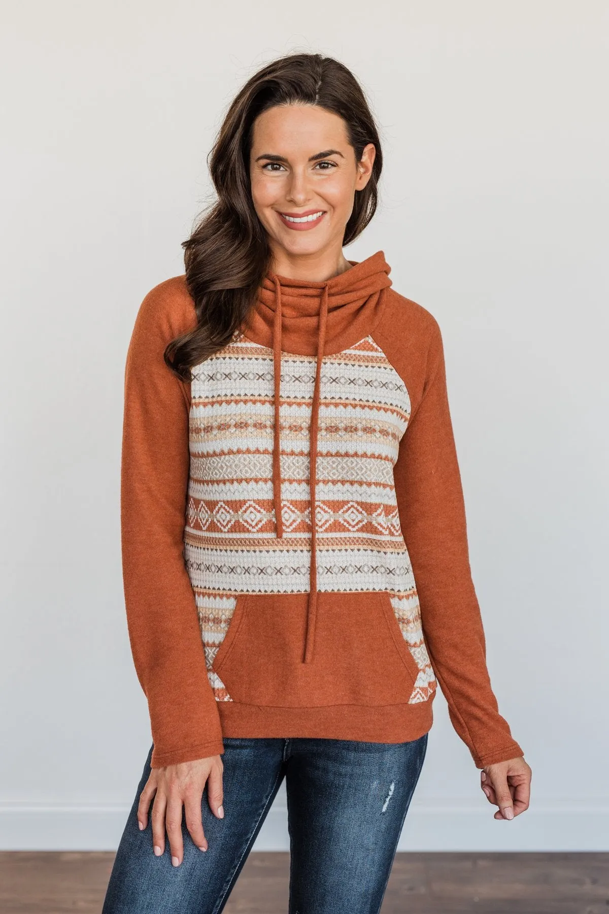 Lovely Wayfarer Aztec Cowl Neck Sweatshirt- Rust, Taupe & Ivory