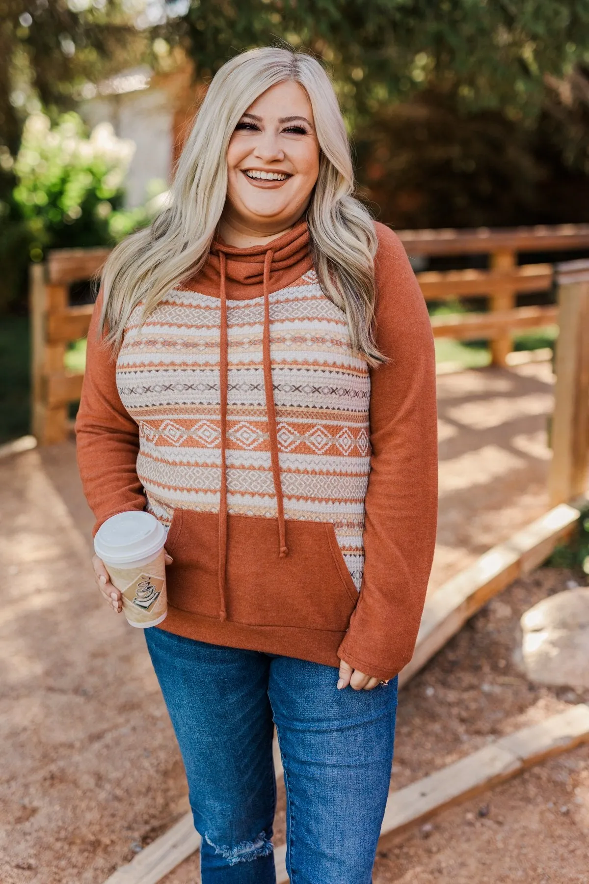 Lovely Wayfarer Aztec Cowl Neck Sweatshirt- Rust, Taupe & Ivory