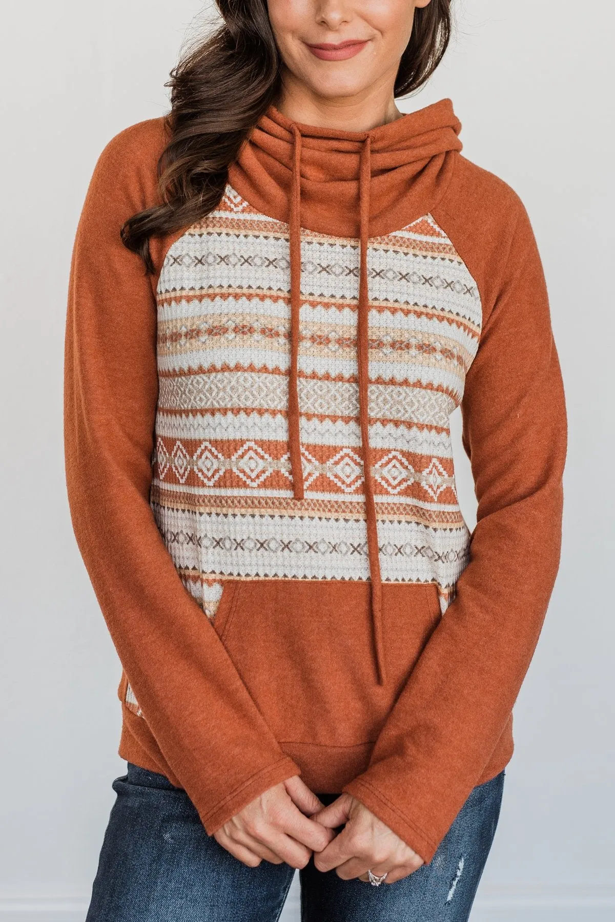 Lovely Wayfarer Aztec Cowl Neck Sweatshirt- Rust, Taupe & Ivory