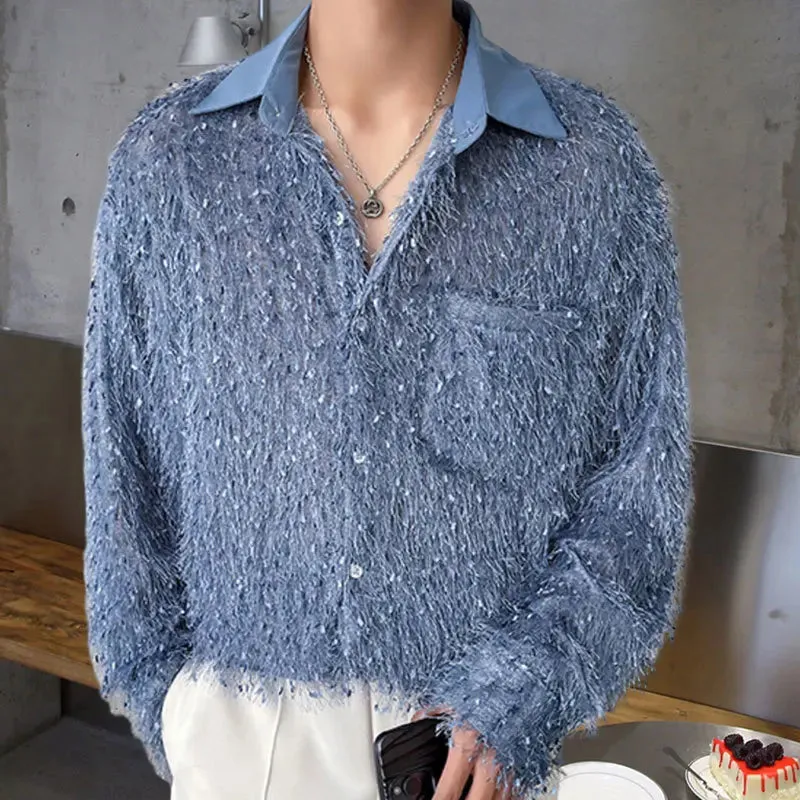 Men's Korean Vintage Shiny Lace Slim Fit Casual Long Sleeve Shirt