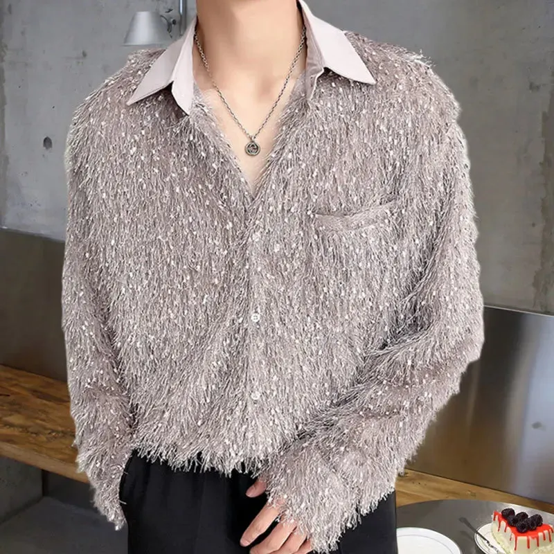 Men's Korean Vintage Shiny Lace Slim Fit Casual Long Sleeve Shirt