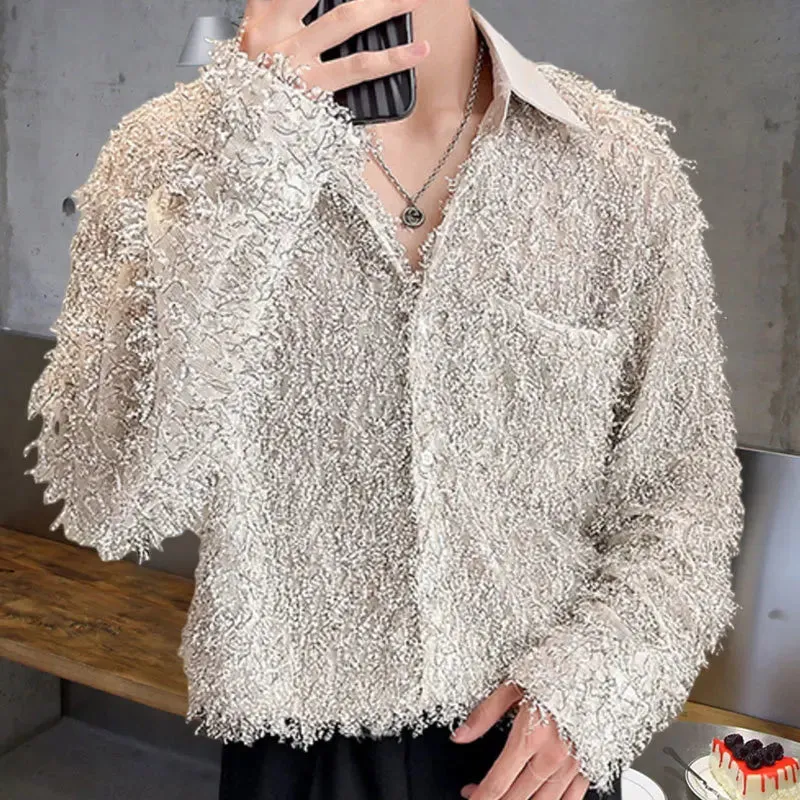 Men's Korean Vintage Shiny Lace Slim Fit Casual Long Sleeve Shirt