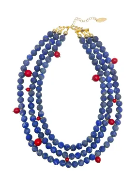 Multi-layers Matte Blue Lapis with Red Coral Statement Necklace JN023