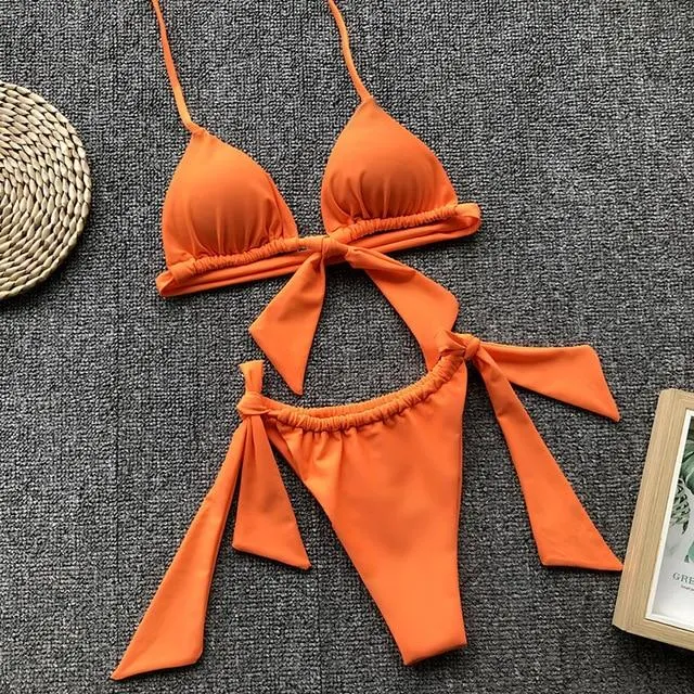 Sexy Beach Halter Bikini Set for Women with Push Up Lace Up and Bow