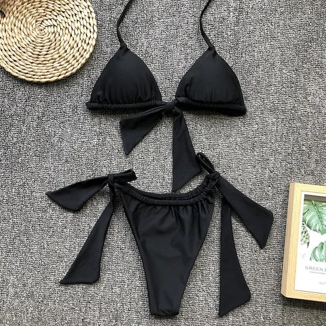 Sexy Beach Halter Bikini Set for Women with Push Up Lace Up and Bow