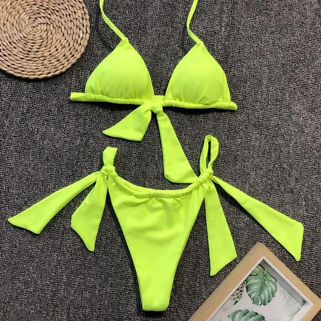 Sexy Beach Halter Bikini Set for Women with Push Up Lace Up and Bow