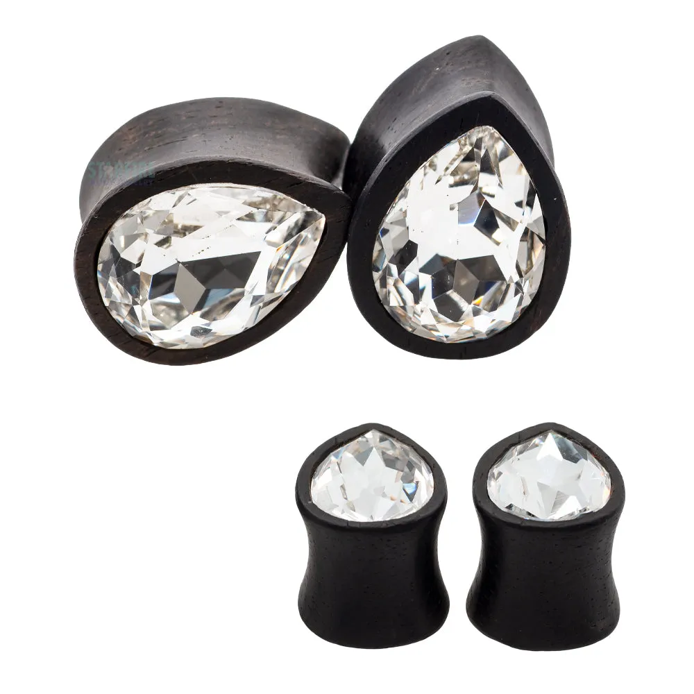 Teardrop Swarovski Plugs in Wood - Crystal