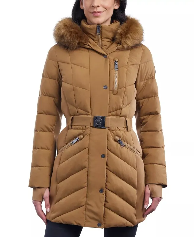 Women’s Belted Hooded Brown Puffer Coat - The Puffer Jackets