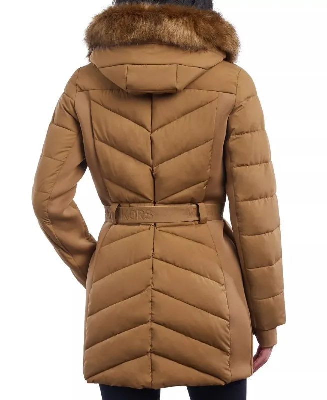 Women’s Belted Hooded Brown Puffer Coat - The Puffer Jackets