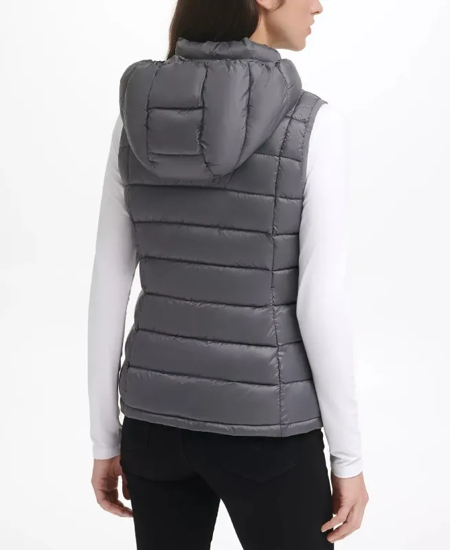 Women’s Packable Hooded Grey Puffer Vest - The Puffer Jackets