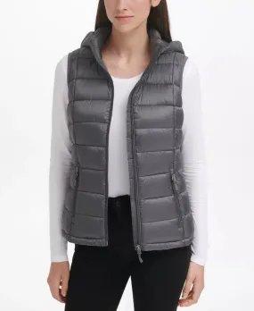 Women’s Packable Hooded Grey Puffer Vest - The Puffer Jackets